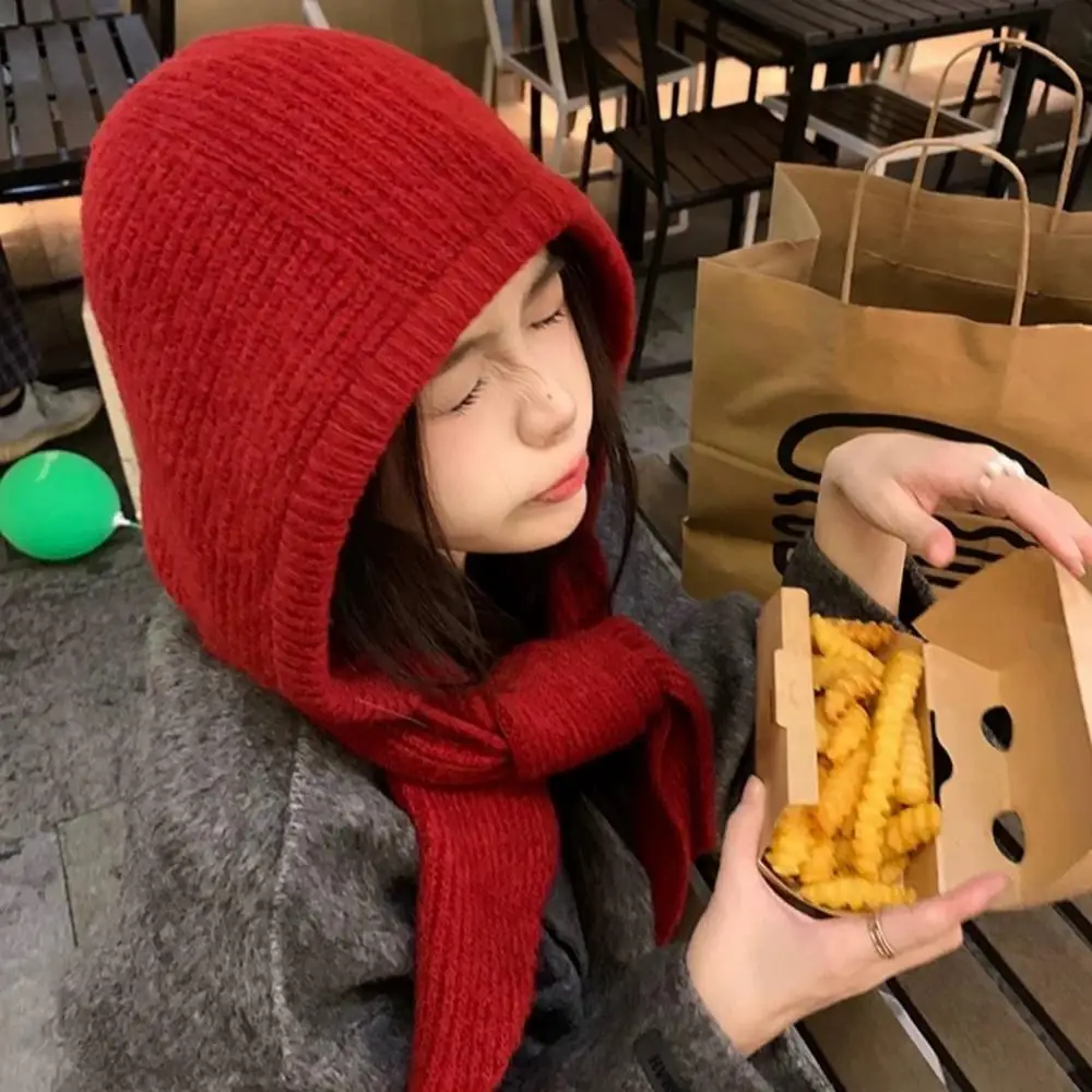 Knitted Beanies Cap For Women Y2K Balaclava Winter Women's One-Piece Thickened Scarf Cap Outer Wear Hat Scarf Winter Accessories