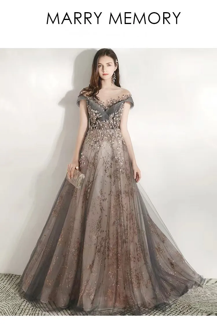 Luxury Prom Dress Off Shoulder A-Line Beading Exquisite Sequins Illusion Scoop Neck Gray Spray Gold Tulle Ceremony Evening Gowns Luxury Prom Dress Off Shoulder A-Line Beading Exquisite Sequins Illusion Scoop Neck Gray Spray Gold Tulle Ceremony Evening Gowns