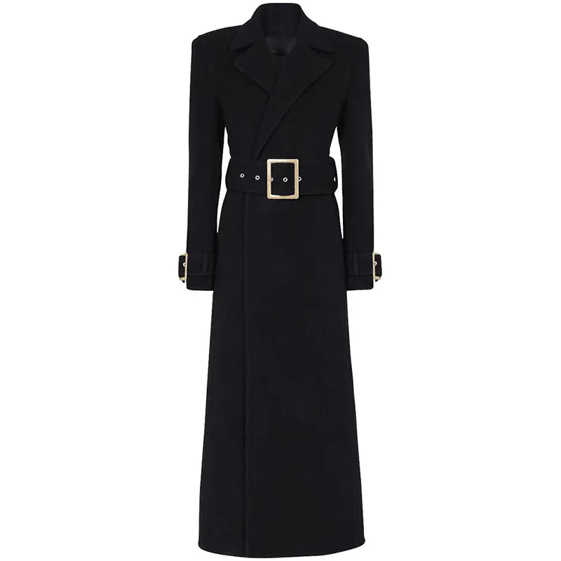 

High Quality 2023 Autumn Winter New Style INS Star Fashion Simple Belted Long Woolen Coat Windbreaker Coats and Jackets Women