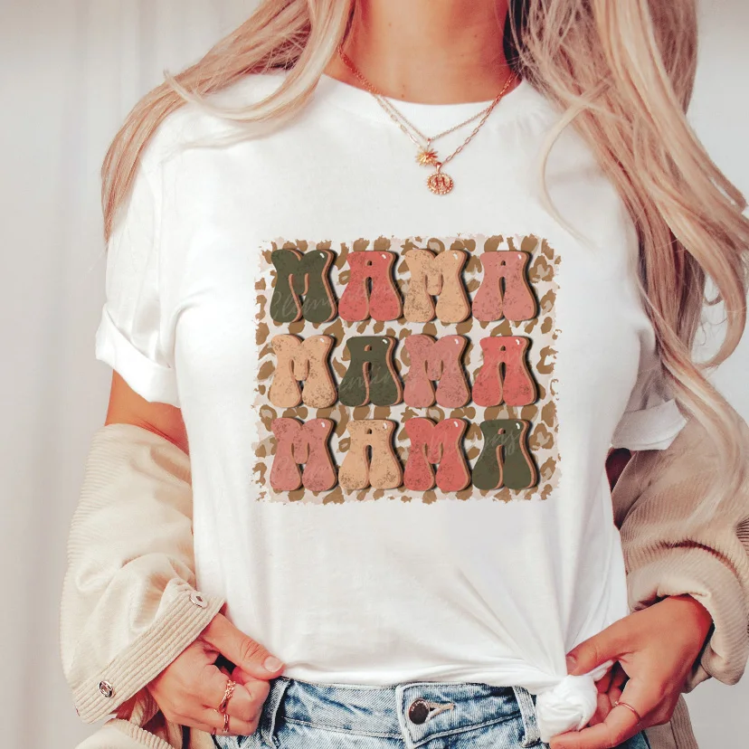 Polyester Fabric Type Regular Top Length T-shirt Tops Type Festival Occasion Wholesale Women'S Casual MAMA Letter Leopard Short Sleeve Printing T-Shirts