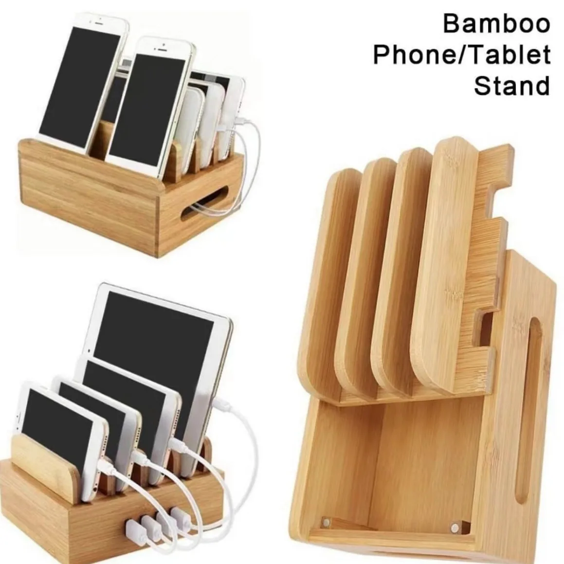 Simple Phone Tablet Stand Charging Organizer Box Partitioned Large Capacity Natural Bamboo Smooth Polished Safe To Touch Storage 4