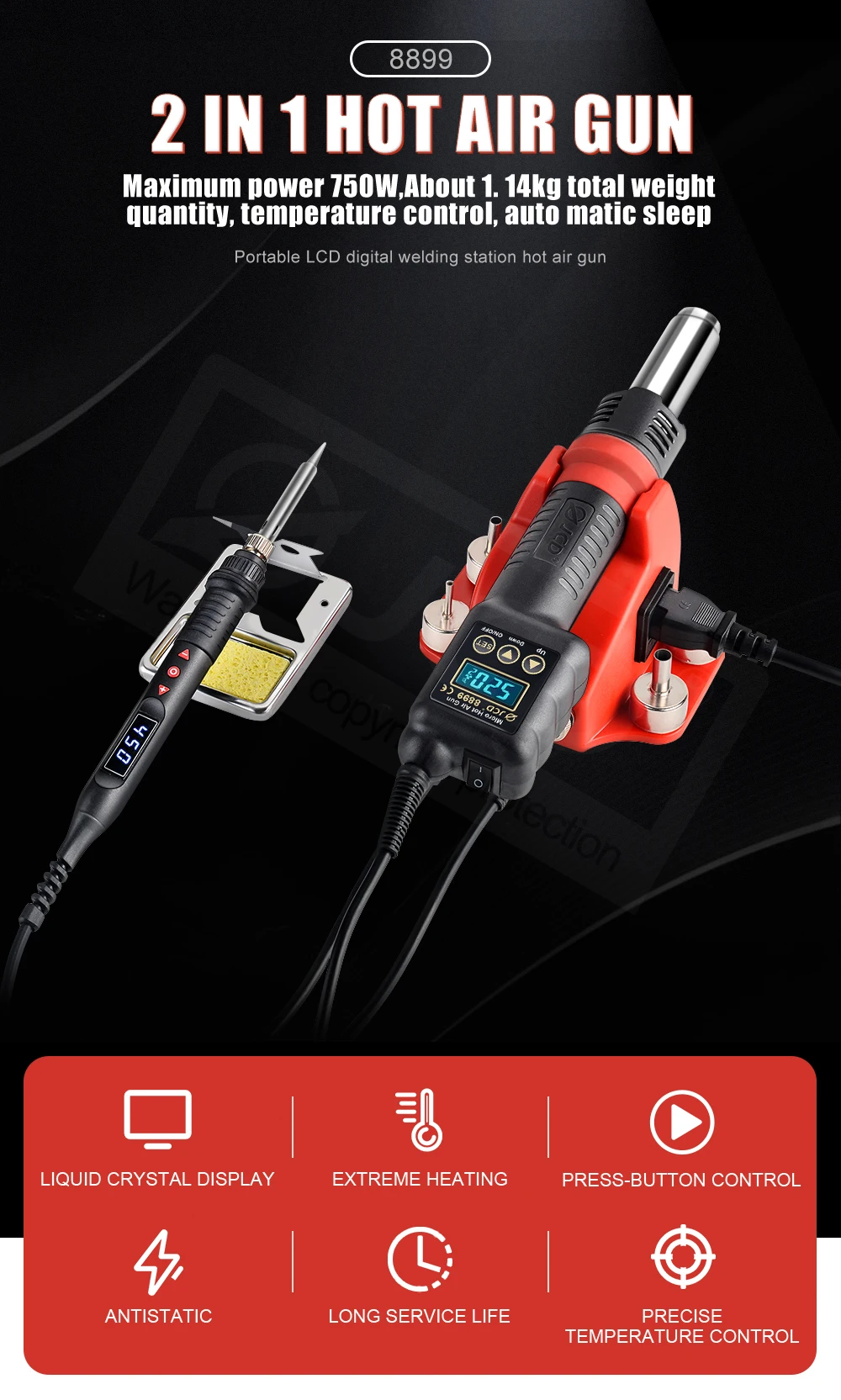 JCD 8899 750W Micro Hot Air Gun LCD Display Rework Soldering Station Portable Heat Gun Temperature Adjustable BGA Welding Tools