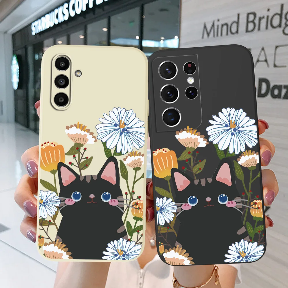 Custodia Per Samsung Galaxy F14 5G Note 20 10 Plus Cover Posteriore Per Telefono Ultra F13 Soft Silicon Black Cat Flower