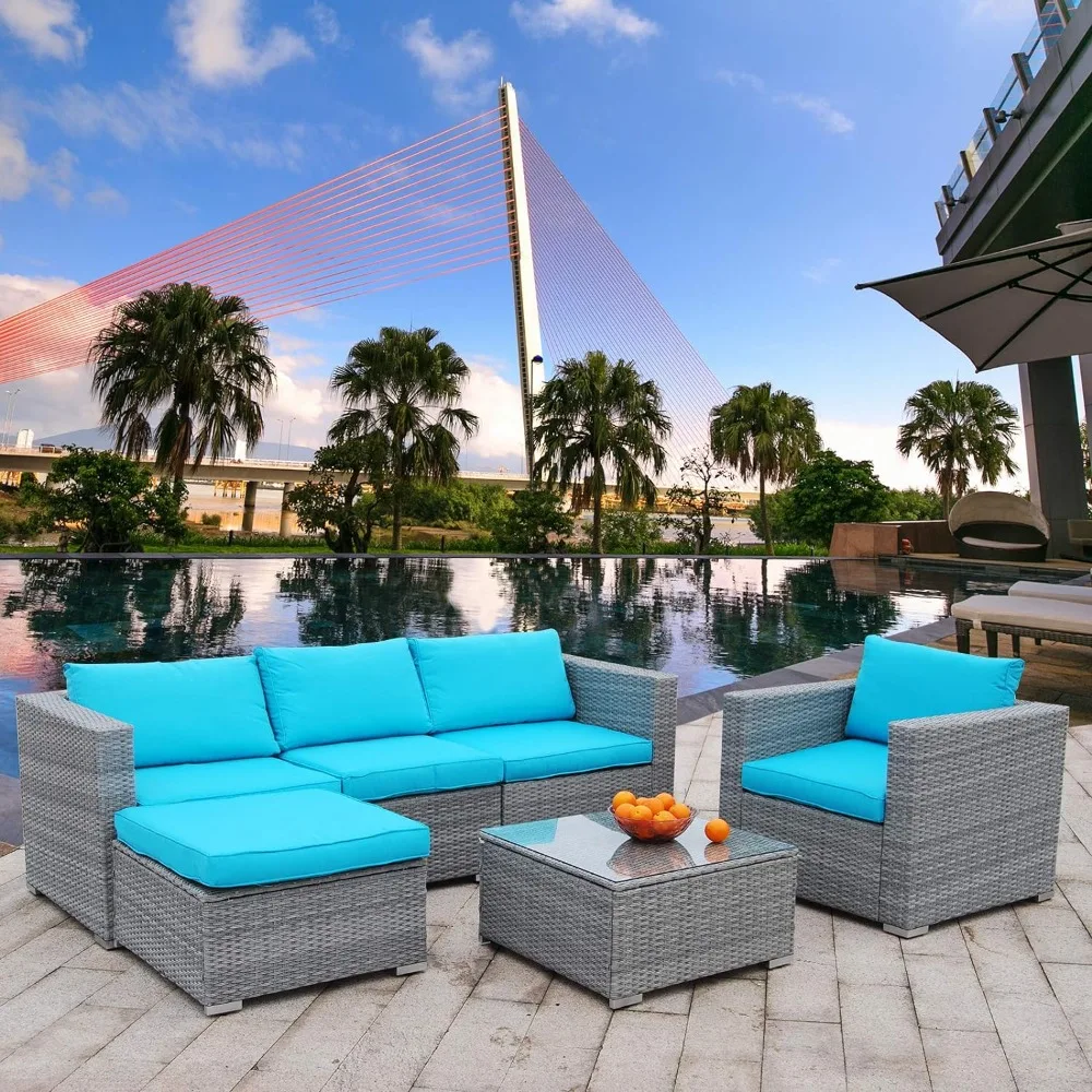 

6pcs Patio Furniture Set PE Gray Rattan Wicker Sectional Outdoor Sofa Set Outside Couch W/Blue Washable Seat