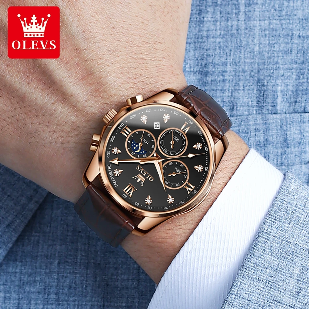 OLEVS Quartz Watch for Men Luxury Stainless Steel Men's Watch Waterproof Luminous Moon Phase Chronograph Wristwatch Reloj Hombre