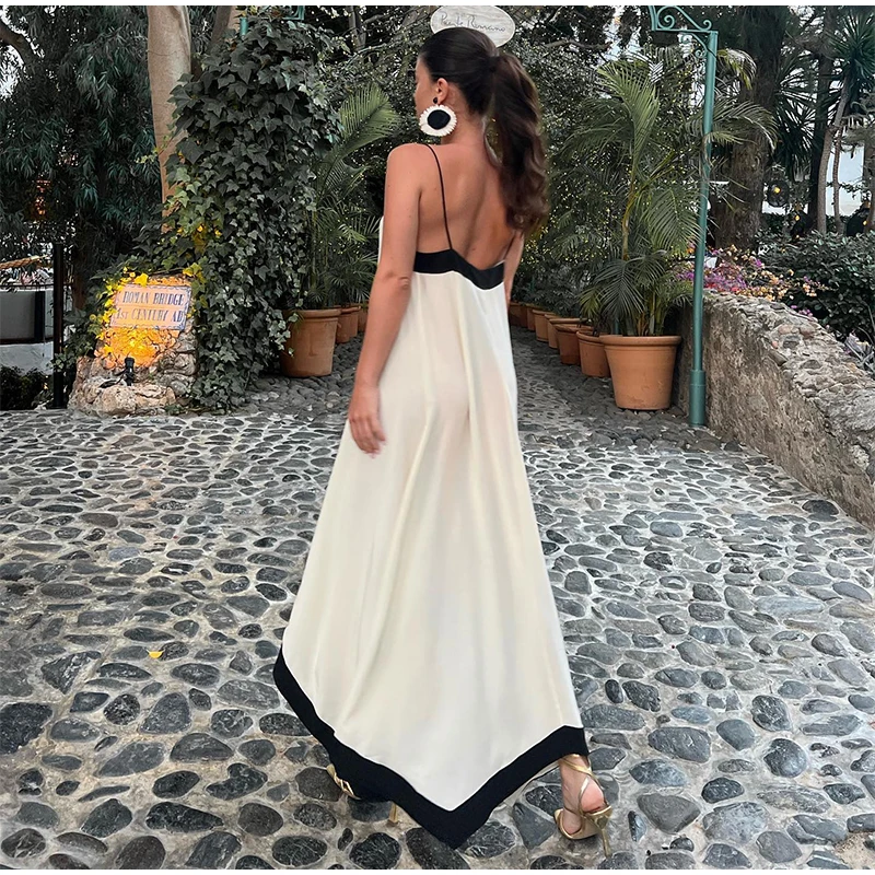 Elegant Suspender Maxi Dress Women's Sexy Summer Sling Beach Dresses Female Backless V-neck Contrast Color Vacation Long Dresses