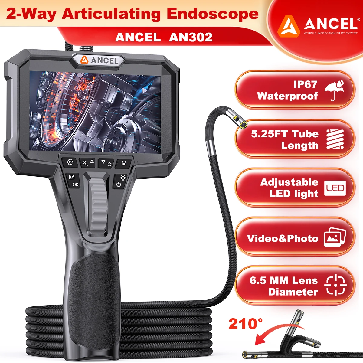 2방향 관절형 내시경 ANCEL AN302 카메라 7 LED 라이트 산업용 내시경 검사 카메라 6.5MM 전면 및 측면 카메라