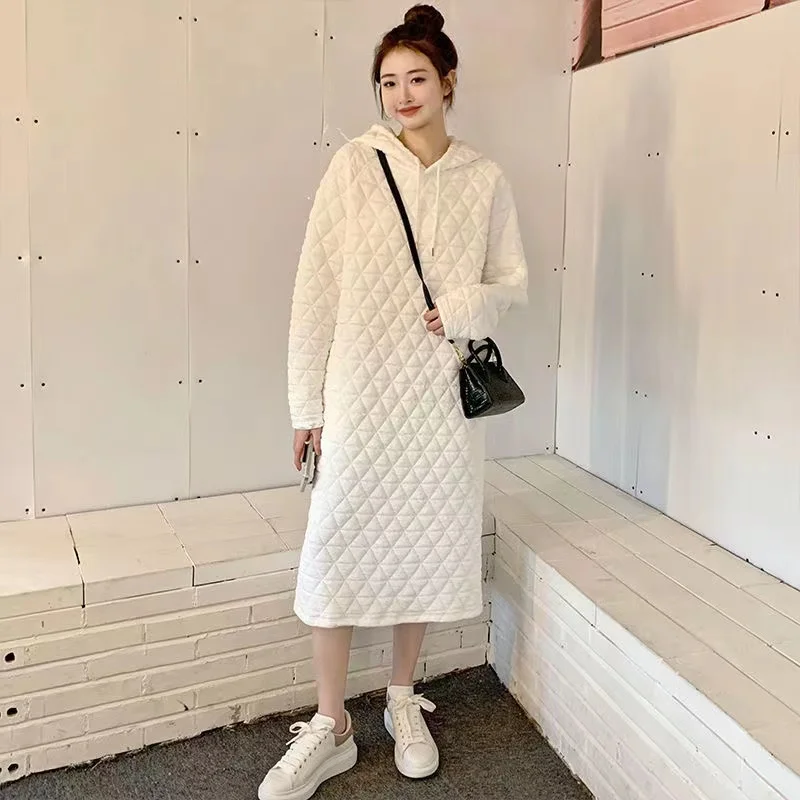 

Women Casual Dresses Autumn Winter New Cotton Clip Thickening Girl Fashion Sweet Princess Style Soild Round Collar Hooded Dress
