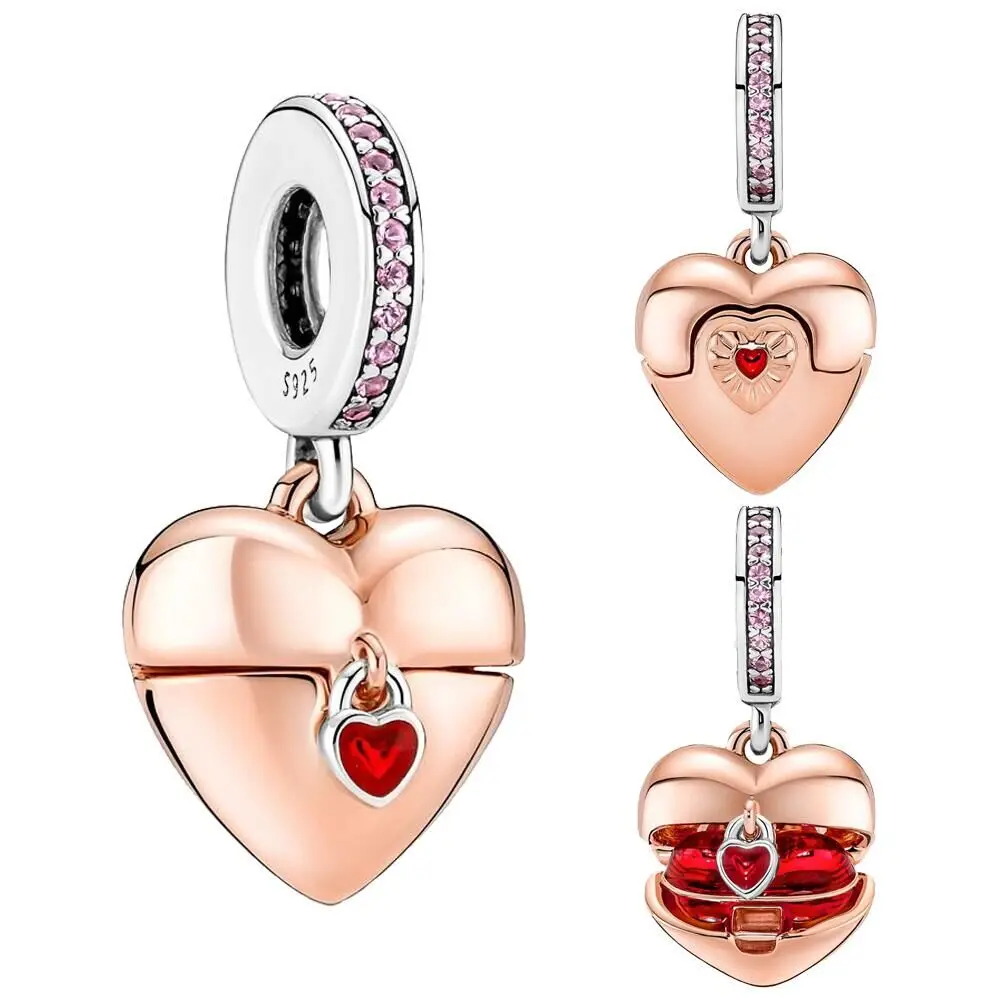 Rose Gold Heart Shape Silver Colour Charm for Women Festival Jewelry Gift Fit DIY Bracelet Necklace Chrams
