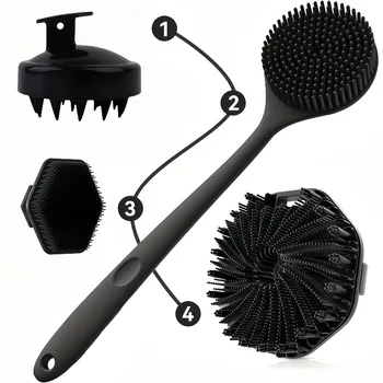 4PCS Long Handle Silicone Bath Brush Set for Body Back Face Gentle Exfoliating Massage Deep Cleaning with Non Slip Grip