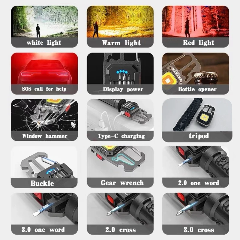 Multifunction LED Flashlight Portable Outdoor Camping Work Light Screwdriver Window breaker Wrench Hammer Bottle Opener Lamp led flashlight,camping lamp,led work light,camping lights,work light