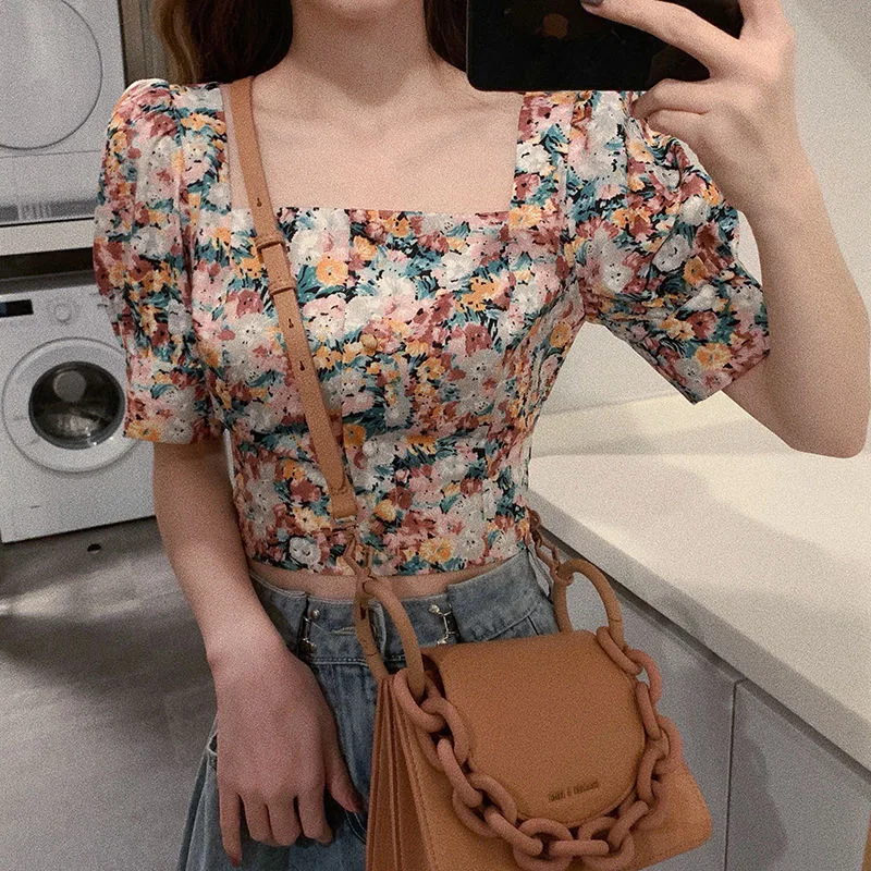 

Square Collar Puff Slevee Short Tops Women Summer Vintage Floral T-Shirts Korean One-Piece Clothing Spring Casual Ladies Sweet