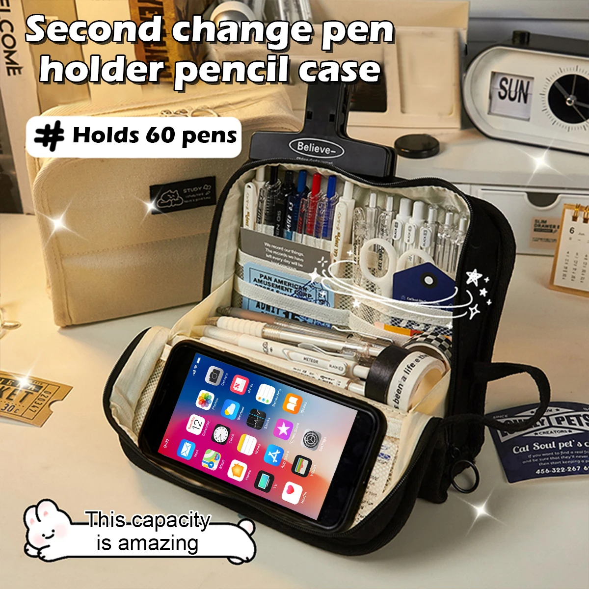 대용량 필통 캔버스 화장품 가방, 귀여운 펜 파우치, 카와이 정리함 한국어, 여아 학교 사무용품 문구