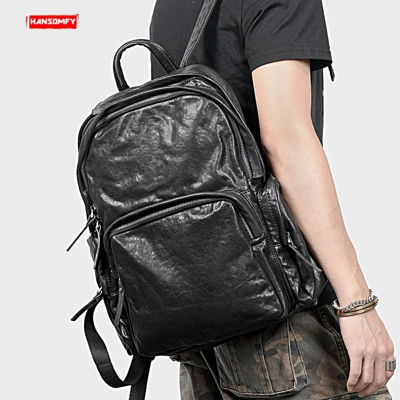 Genuine Leather Men's Backpack Men Shoulder Bag Large-capacity School Bag Retro Black Leather Backpack Vegetable Tanned