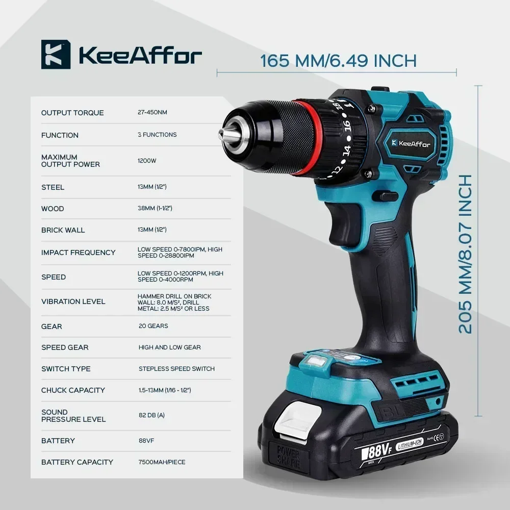 KEEAFFOR 1200W 450NM Torque Brushless Electric Impact Drill 20Gears Electric Screwdriver Cordless Tools For Makita 18v Battery 3