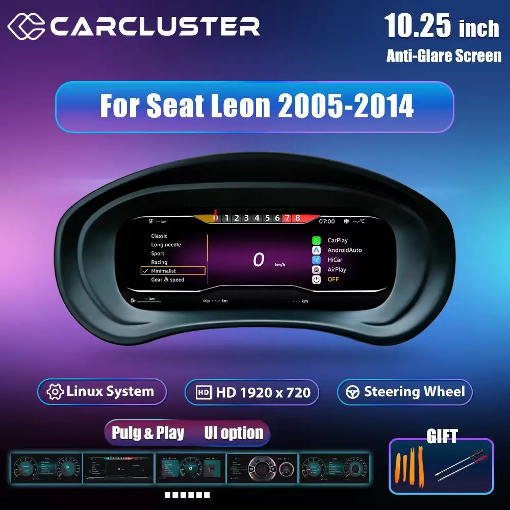 Carcluster Panel de Instrumentos Digital LCD de 10.25'' para VW Seat Leon MK2 Plataforma PQ Años 2005-2014 Compatible con HDMI Carplay 1