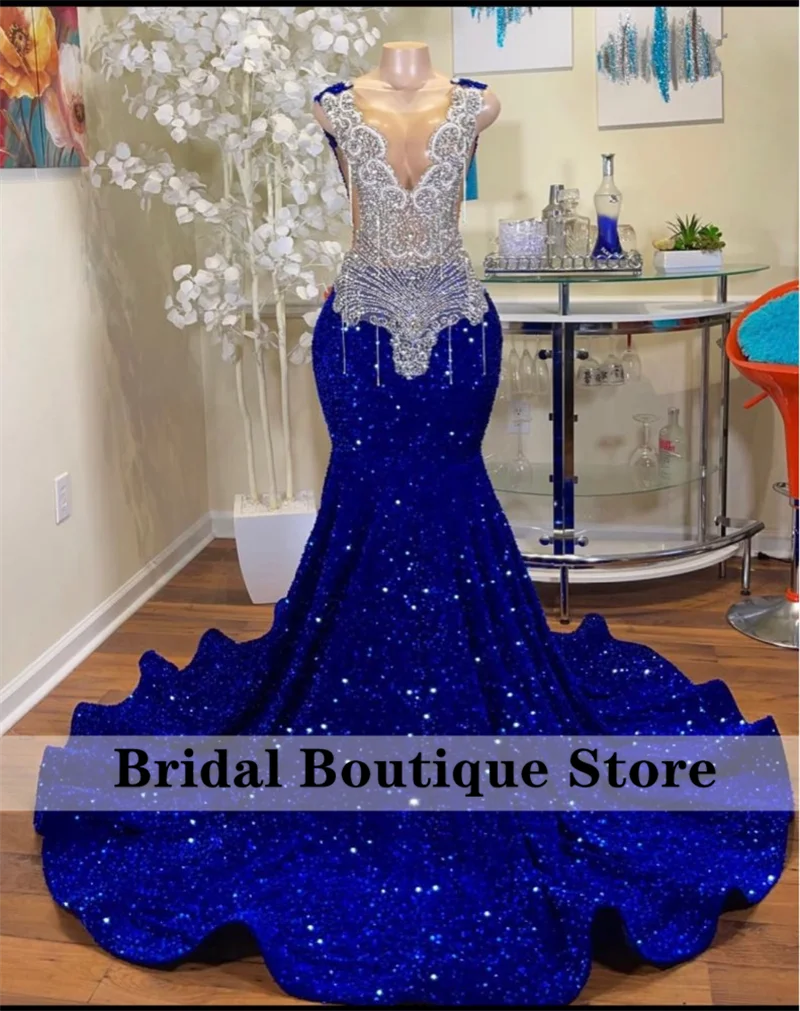 Sparkly Royal Blue Diamonds Mermaid Prom Dress Glitter Sequins Bead Crystal  Rhinestones Vestidos Birthday Party Dress Customized - AliExpress, image size:800x1011
