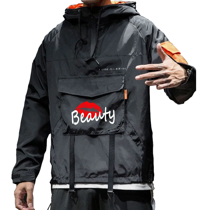 2023 New men's pullover windproof jacket Casual men's sports hooded jacket High collar printed jacket Men's sports jacket