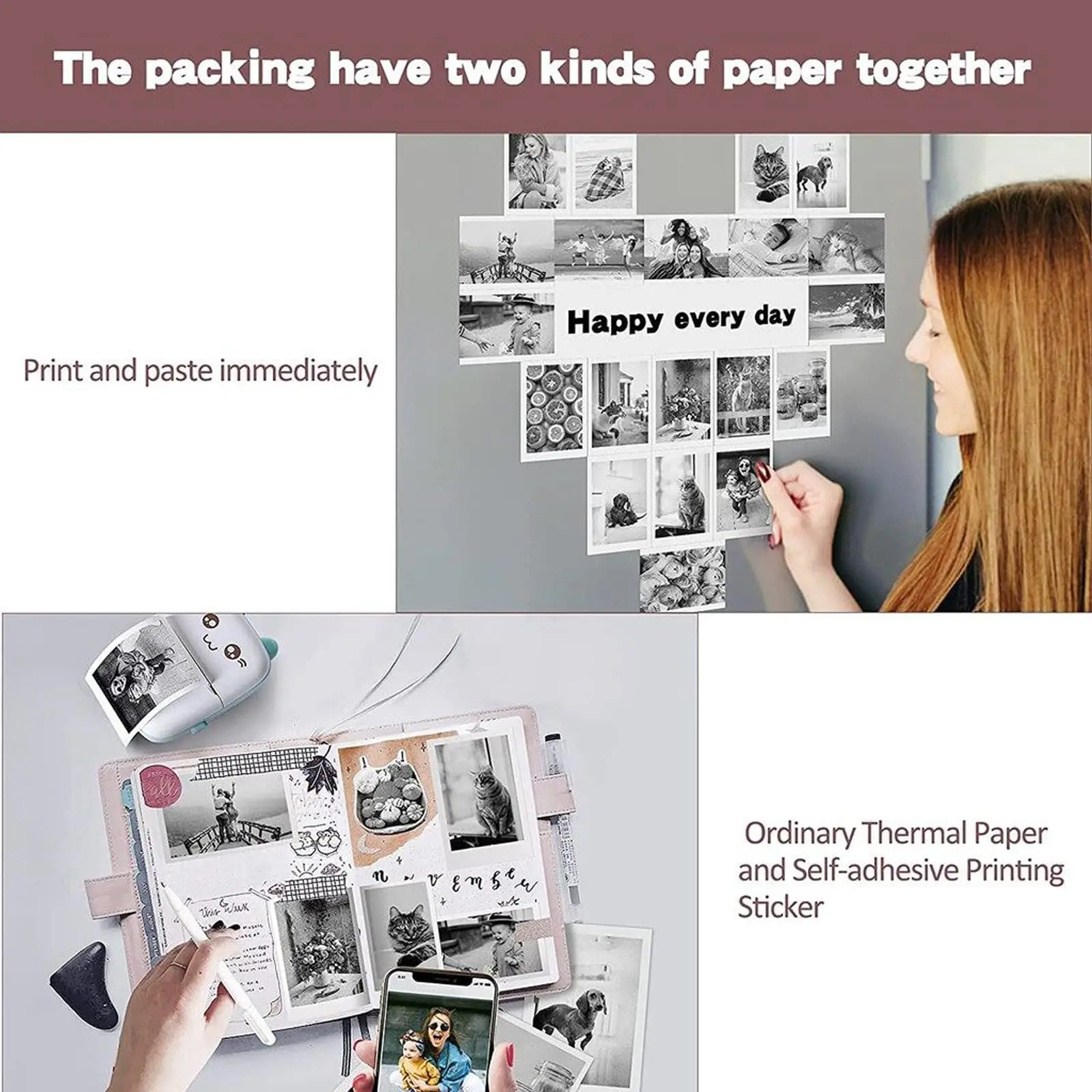 Printer Sticker Paper Thermal Paper Roll Printing Label Sticker 13 Rolls Mini Thermal Printer Paper 57 x 30 mm Colorful Mini Printing Paper Roll and Self-Adhesive