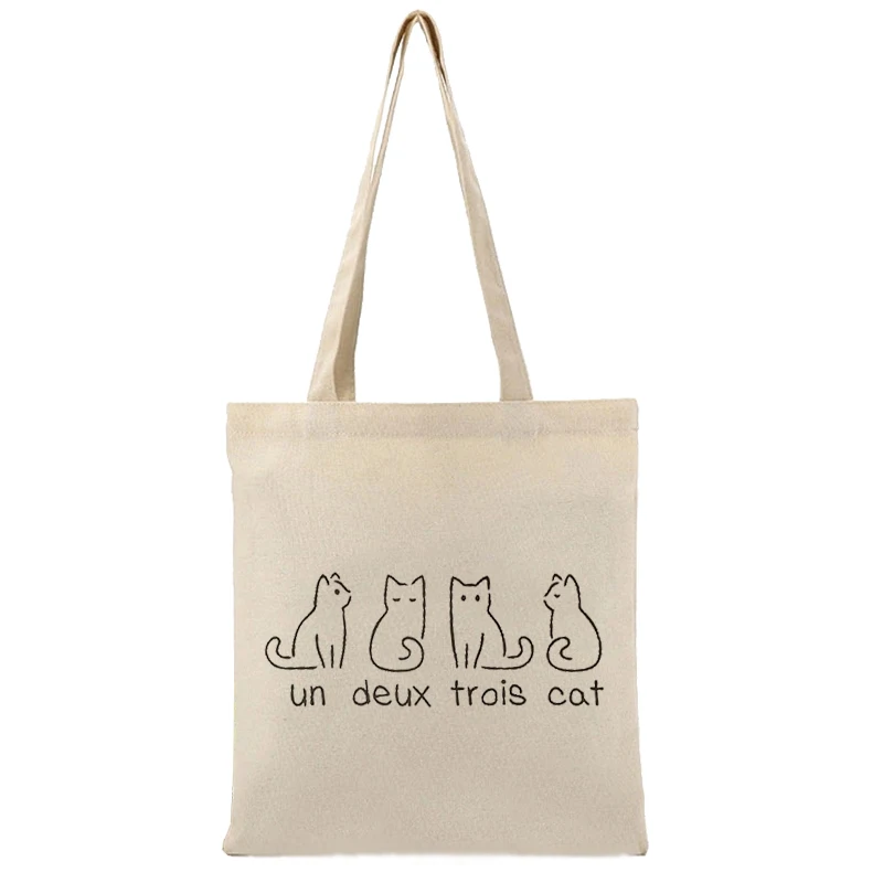 귀여운 고양이 토트백, Un Deux Trois 패턴, 고양이 토트백, 귀여운 고양이 캔버스 숄더백, 쇼핑백, 고양이 연인 선물
