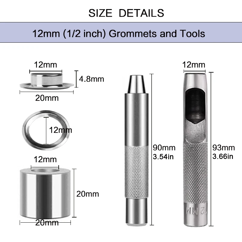 Grommet Tool Kit 120 Sets Grommets Eyelets 12mm Inside Diameter Punch Installer Tool for Leather Clothing Shoes Belt Curtains