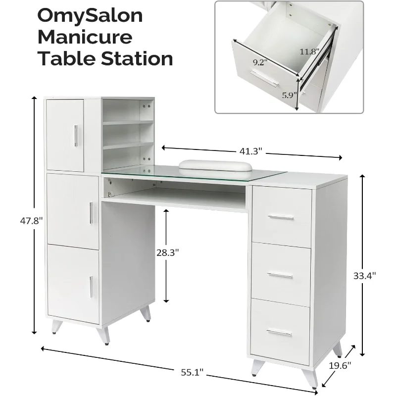 OmySalon Manicure Table Nail Desk for Nail Tech w/Glass Top w/3 Side Cabinet+3 Drawers+3 Layers Open Cabinet+1 Open Drawer