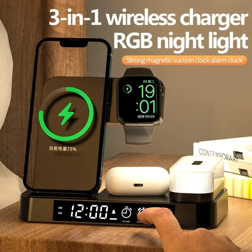 30W 3 In 1 Fast Charging Station Wireless Charger Stand Pad Alarm Clock Night Light Dock for iPhone Samsung Galaxy Watch IWatch