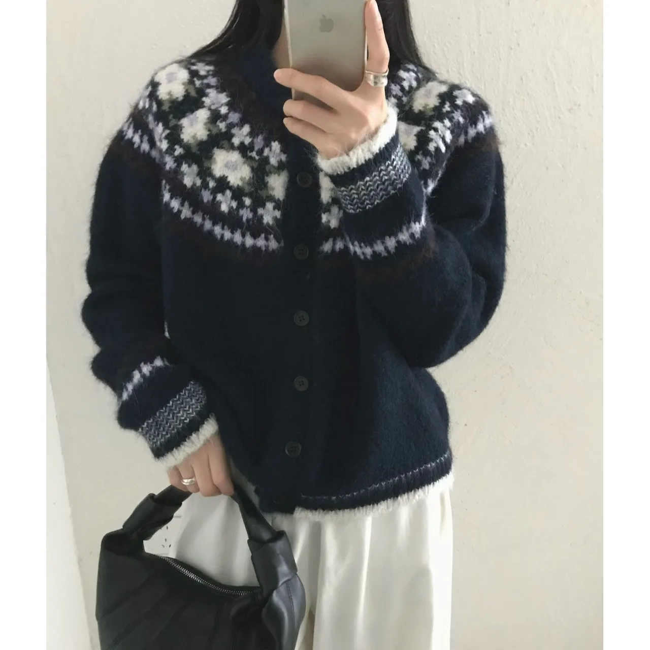 Women's Casual Knitwear Coat Autumn Winter New Style Versatile Lazy Style Fair Isle Embroidery Long Sleeve Loose Fit Cardigan - 2