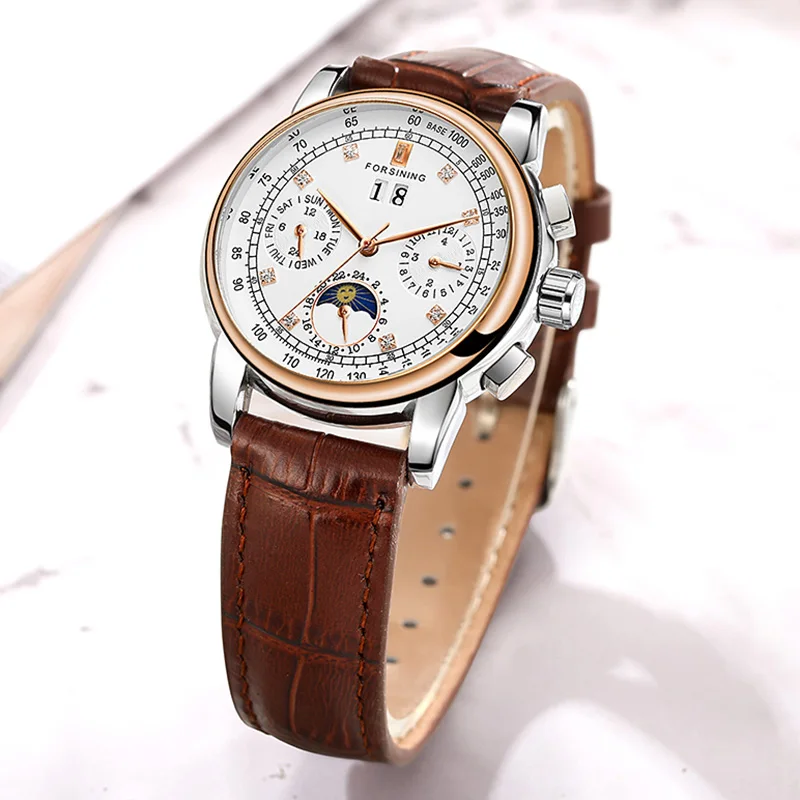 2024FORSINING Women Automatic Mechanical Fashion Luxury Wrist Watches Ladies Diamond Moon Phase Multifunctional Relogio Feminino 3