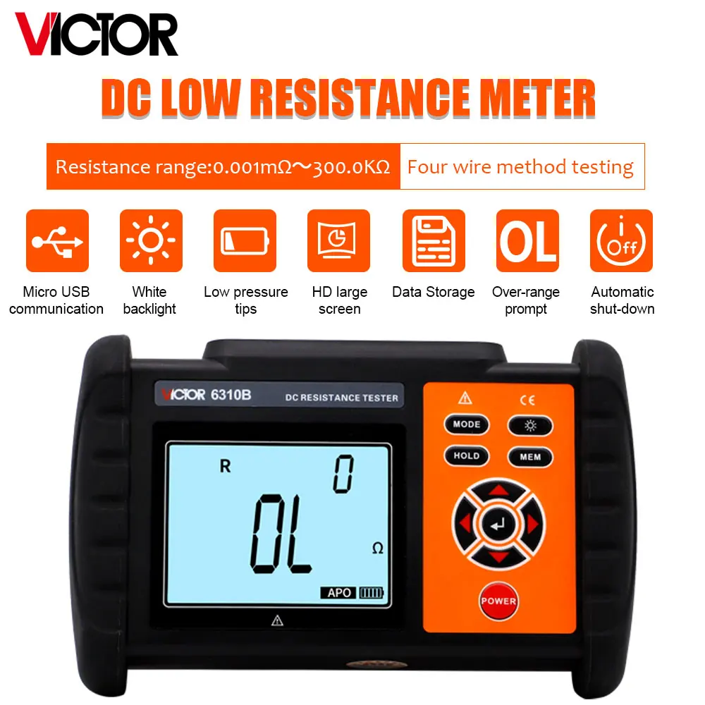 

Victor 6310B DC Resistance Meter Micro-ohmmeter Four Wire Test Range 0.001mΩ-300.0KΩ Rechargeable Battery 500 Set Data Storage