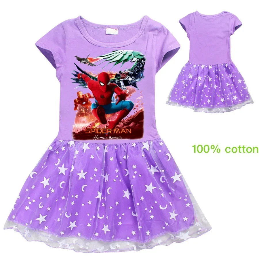 Children Dress Summer Children Elegant Dress Cartoon Popular Hero Spiderman Print Girls Princess Dress Kid Baby Cotton Short Sleeve Kid Clothes