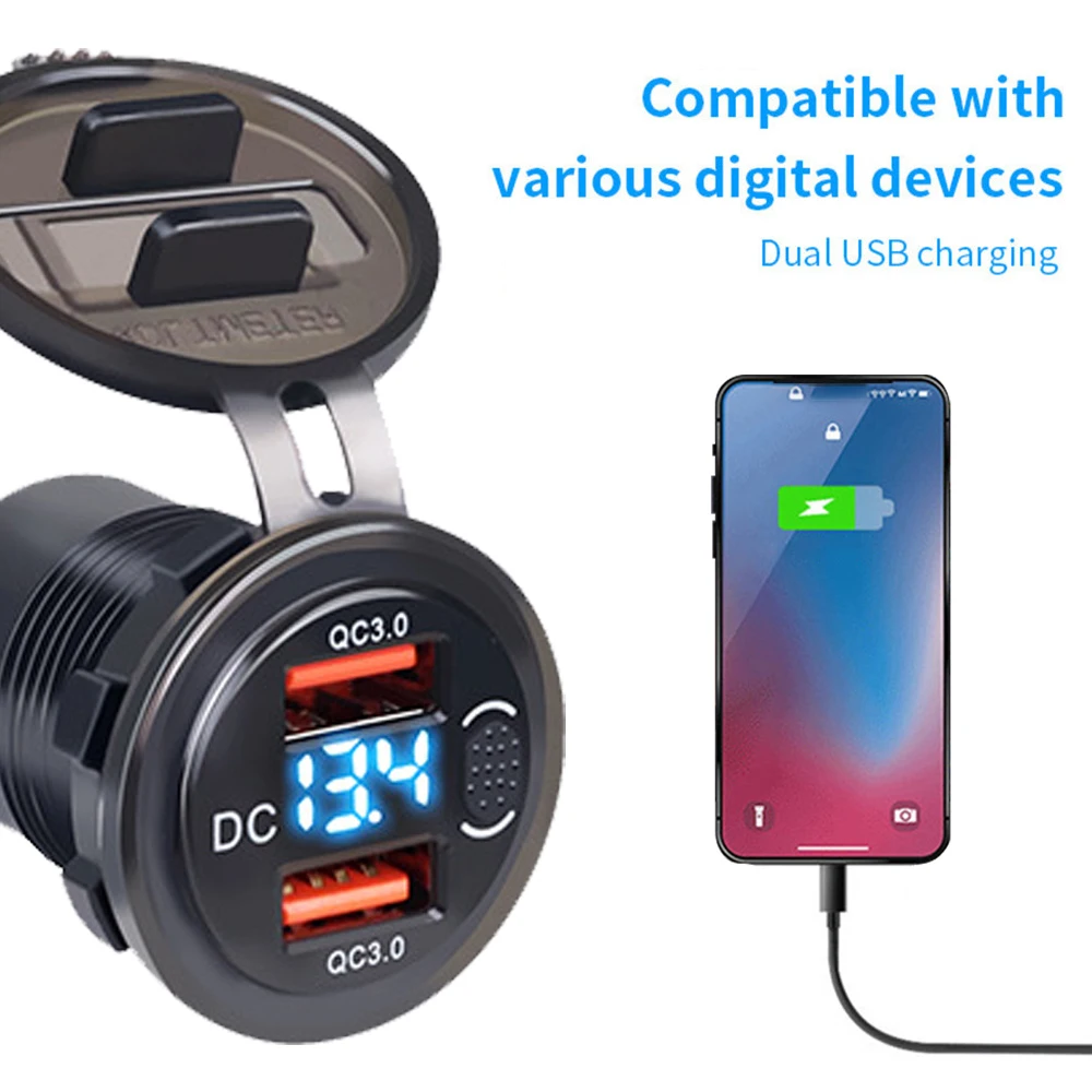 QC14 – 36W QC3.0 Dubbele Autolader - 12V/24V - Dual USB - LED Voltmeter - AAN/UIT Schakelaar