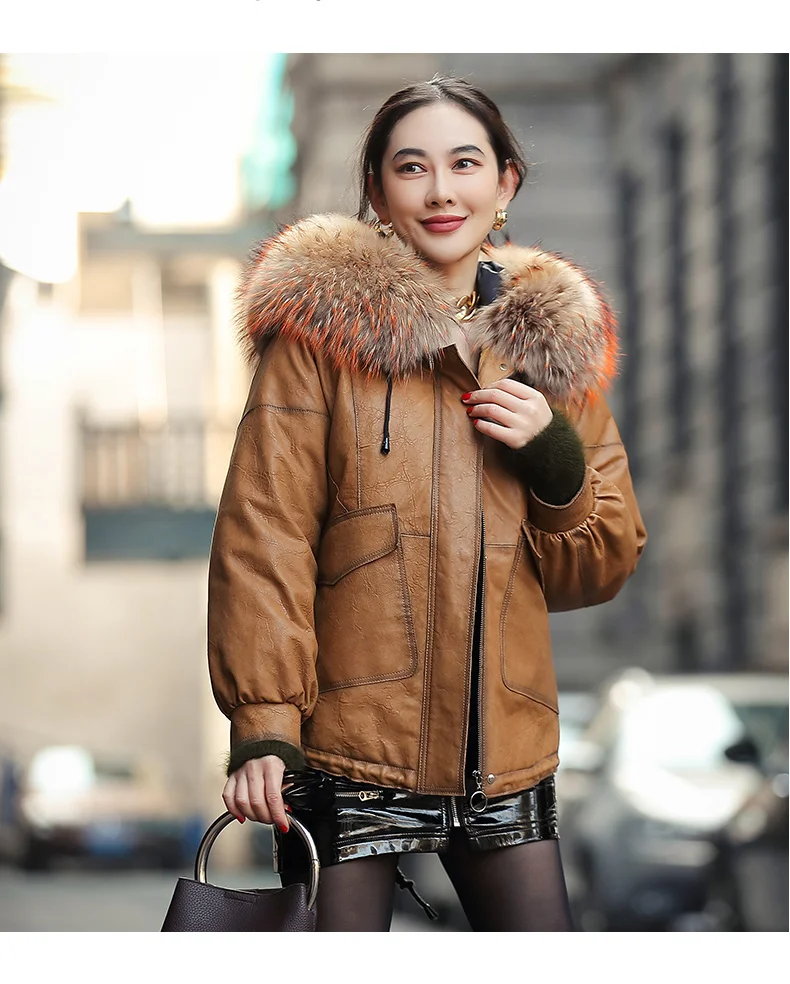 

2024 New Real Leather Jacket Women Down Jackets Short Sheepskin Coat Female Winter Parkas Raccoon Dog Fur Collar Abrigo Mujer