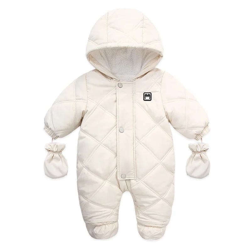 

2023 Girls Cotton Overalls Sleepwear Infant Plus Velvet Warm Jumpsuit With Gloves Hooded Baby Boys Snowsuit Toddler Rompers Suit