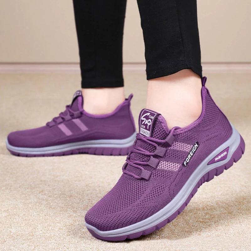 Autumn Women Sneakers Fashion Lace Up Mesh Breathable Outdoor Walking Purple Round Toe Non-slip Thick Sole Tennis Shoe_desvips.com