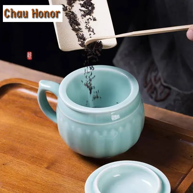 300ml Longquan Celadon Office Mug with Lid Conference Water Jug with Filter Tea Water Separation Ceramic Soaking Cup Gift