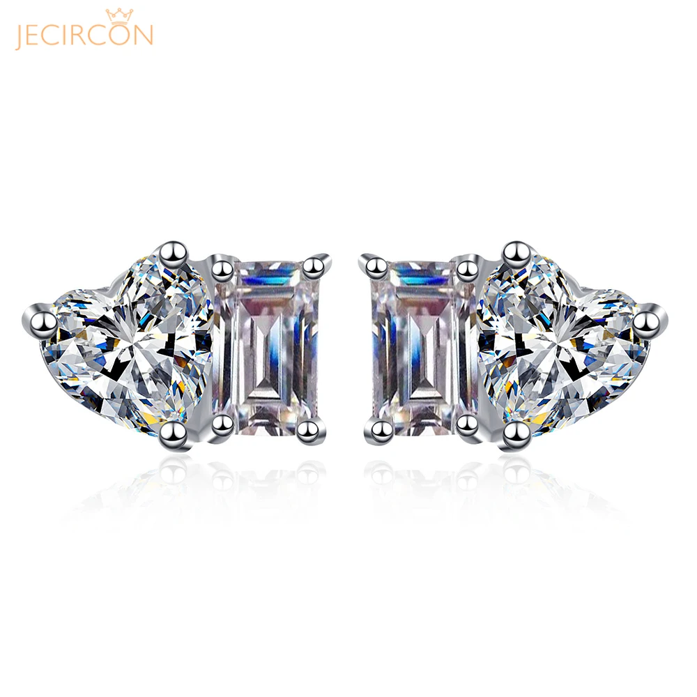 

JECIRCON 925 Sterling Silver Stud Earrings for Women 1 Carat Emerald Cut and 1 Carat Heart Moissanite Luxury Wedding Ear Jewelry