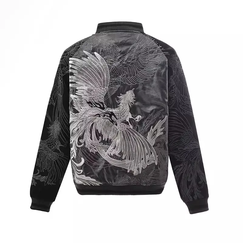 Reversible double-sided Phoenix Suzaku King Heavy Work Embroidered Men Boys Yokosuka Glossy Satin Sukajan Souvenir Jacket 2