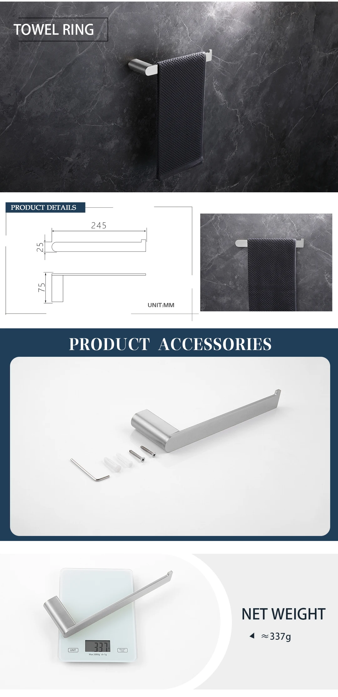 Brushed Bathroom Hardware Accessories Set  Brass Kit Towel Bar Ring Robe Hook Paper Holder Towel Ring Toilet Brush