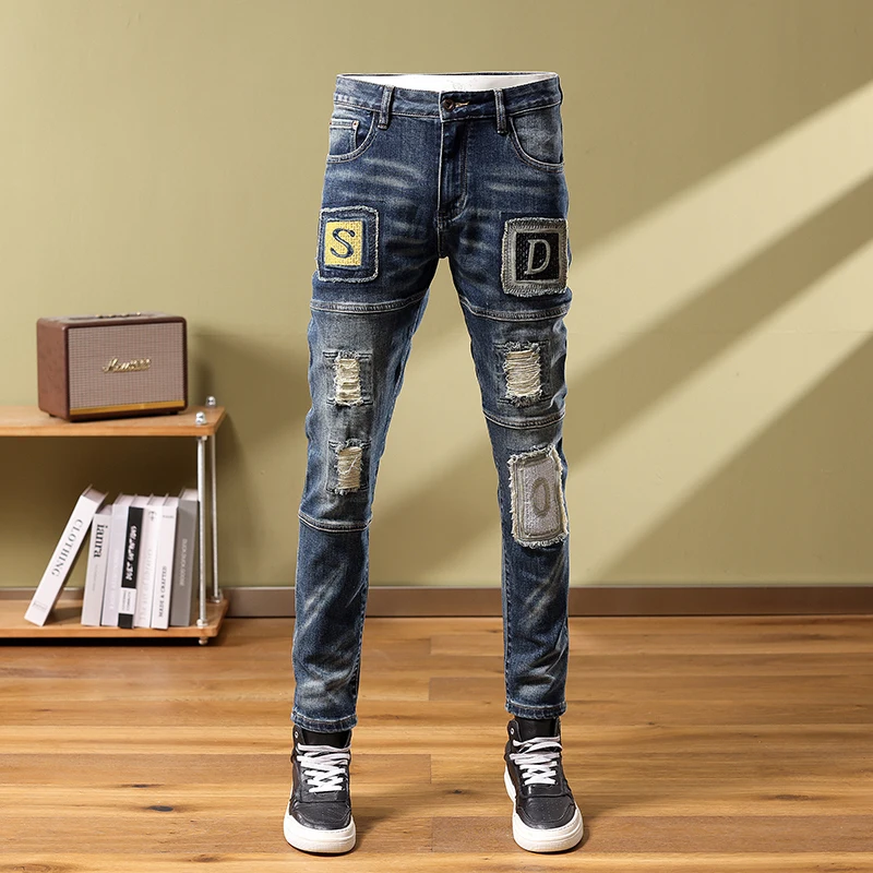 Vintage washed blue stretchy slim fit ripped jeans High Street fashion men's jeans patch designer personality hip hop Hombre