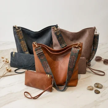 Borsa tote in morbida PU a 2 pezzi, grande capacità, stile bohémien, con tracolla larga, borsa a spalla e a mano, regalo di compleanno ideale