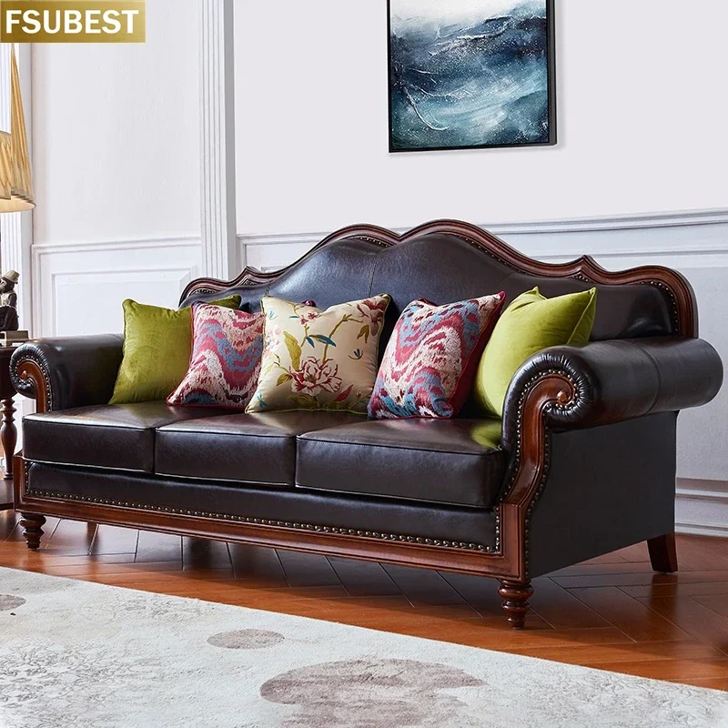 

Набор античных диванов из натуральной кожи и массива дерева в американском стиле, мебель для гостиной, современные диваны для гостиной