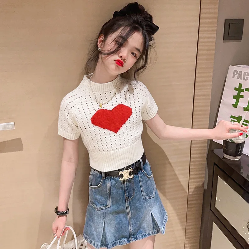 summer teenage girls clothes set Cotton love top tee+denim skirt 3pcs 6