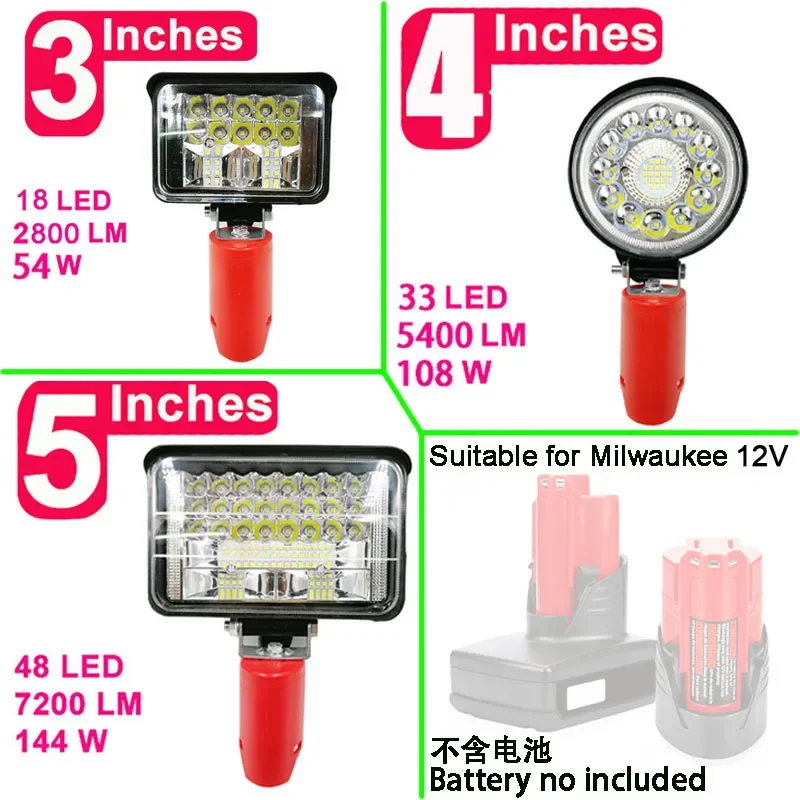 N12 Car LED Work Lights Flashlight Electric Torch Spotlight Desk Lamp For Milwaukee  12V Li-ion Battery High Low Ceam Control