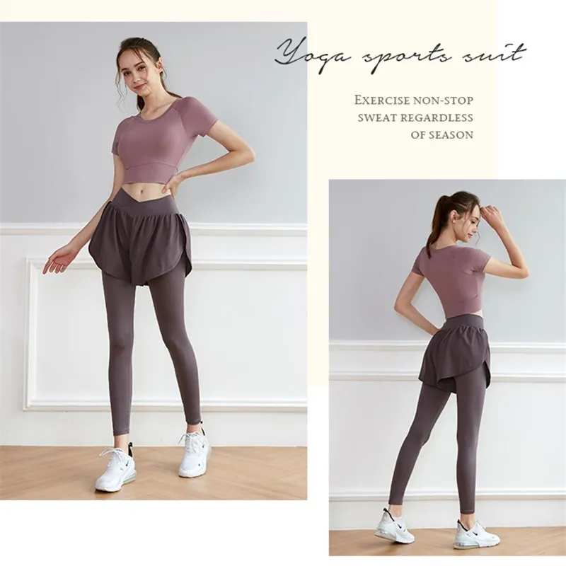 2PCS Women Yoga Set  Fitness Clothing High Waist Leggings Sports Suits Gym Set Female Sportswear Short Sleeve Workout Clothes