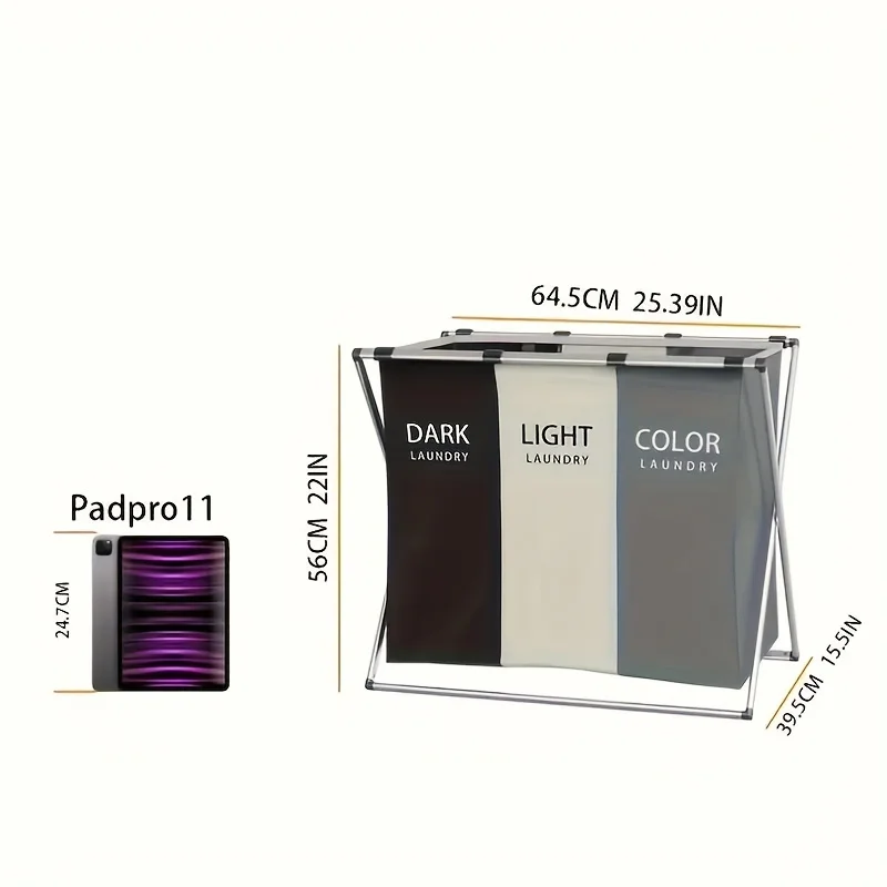 3-Section Foldable Laundry Hamper with Oxford Bags & Aluminum Frame - Dark Light Print, Ideal for Home & Dorm Clothes Storage