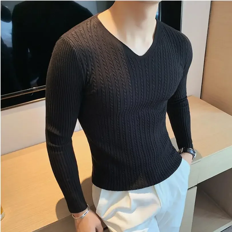 2024 Winter Sweaters Men Korean Fashion Streetwear V-Neck Sweaters Solid Color Men Cashmere Sweater Woolen Slim Trends S-3XL