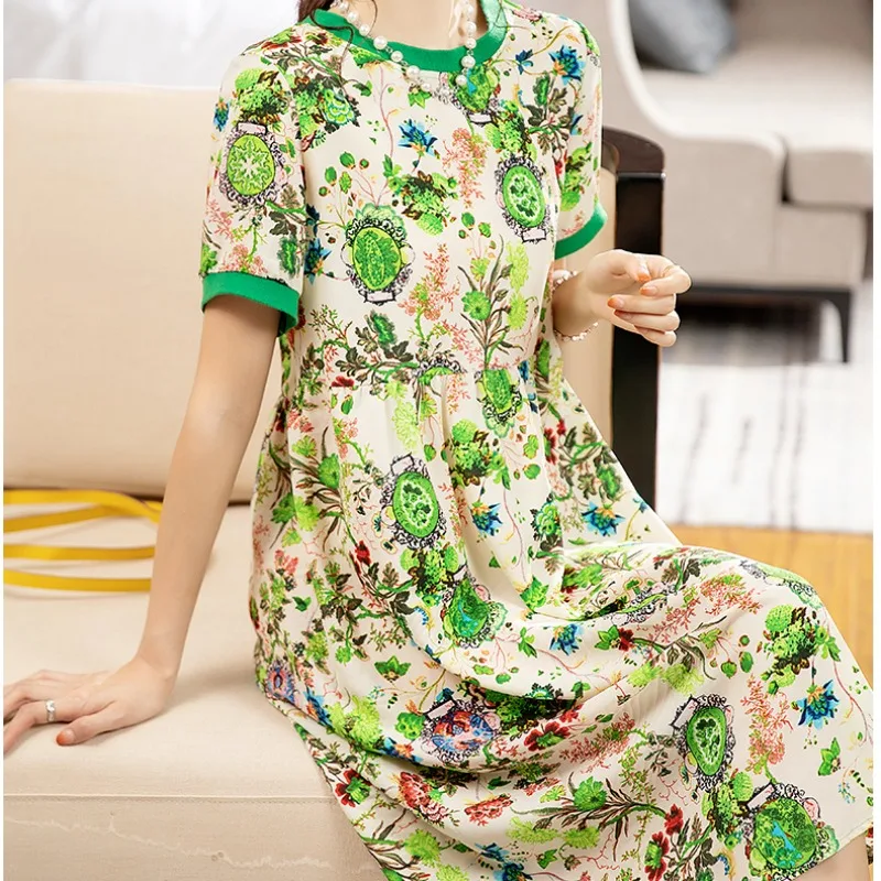 

Summer Round Neck Women's Floral Pullover Geometric Abstract Print Short Sleeve Casual Elegant Loose Office Lady Knee Dress