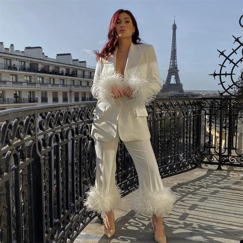 

Ostrich Feather White Women Suit Pants Set 2 Pcs Office Blazer костюм женский Satin Lapel Formal Wedding Tuxedo Prom Dress Coat