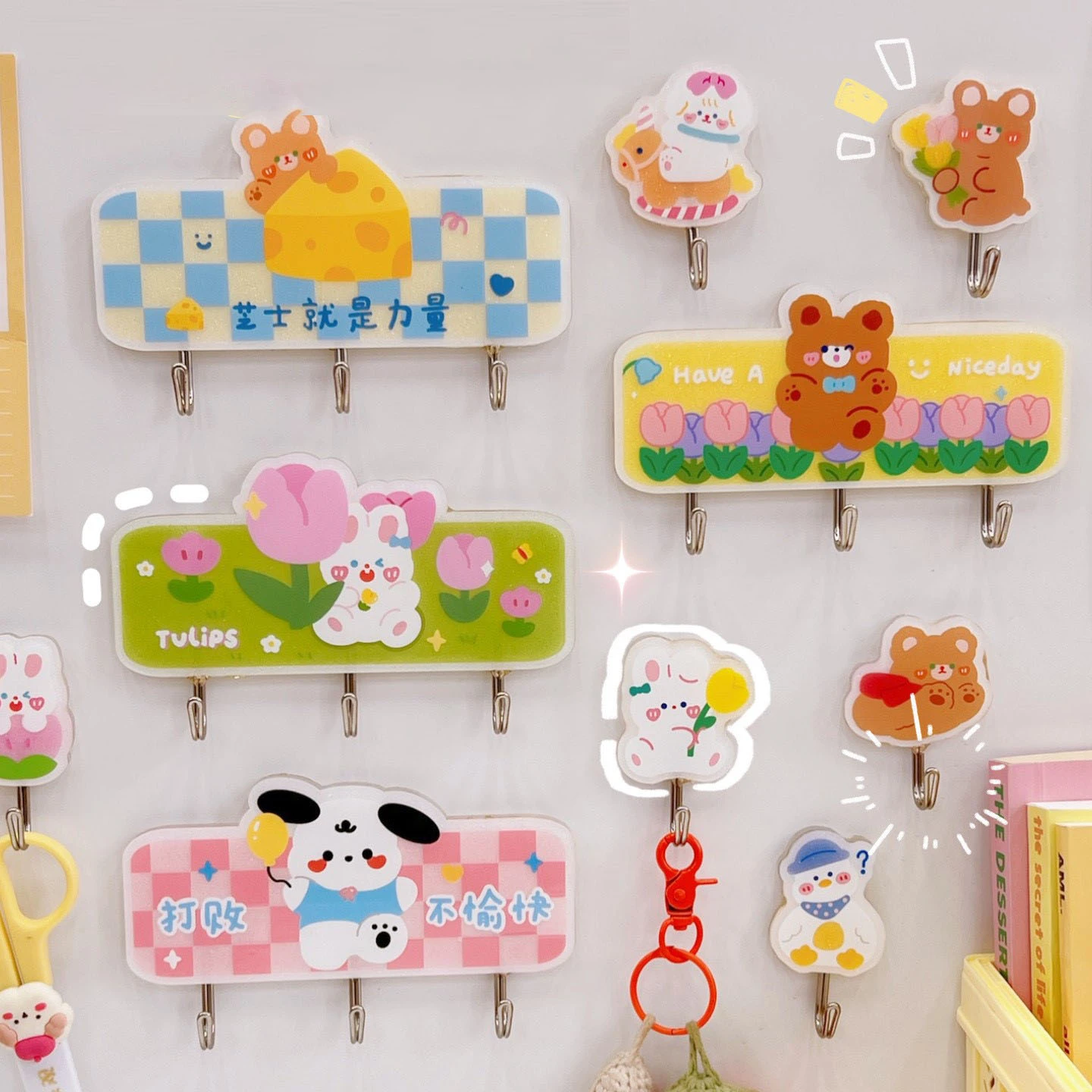 Acrylic Self Adhesive Wall Hanger Cute Wall Hooks Key Holder Door Hanging Cartoon Animals Shape
